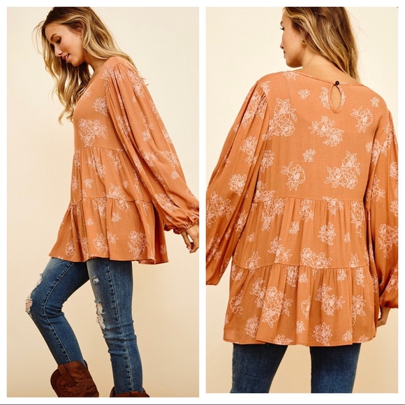 Bohemian Ditsy Floral Print Babydoll Top - Picture 5 of 6